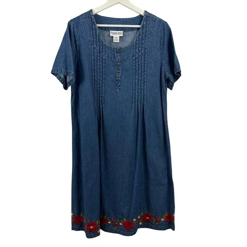 Country Store Women’s Floral Embroidered Denim Dress Size M - Picture 1 of 5
